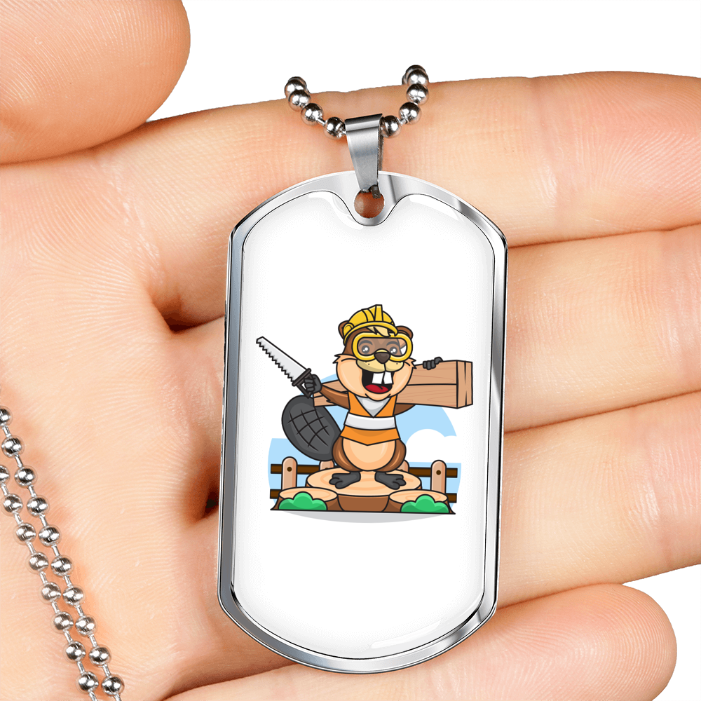 Beaver Handyman Woodworker Dog Tag Stainless Steel or 18k Gold W 24"-Express Your Love Gifts