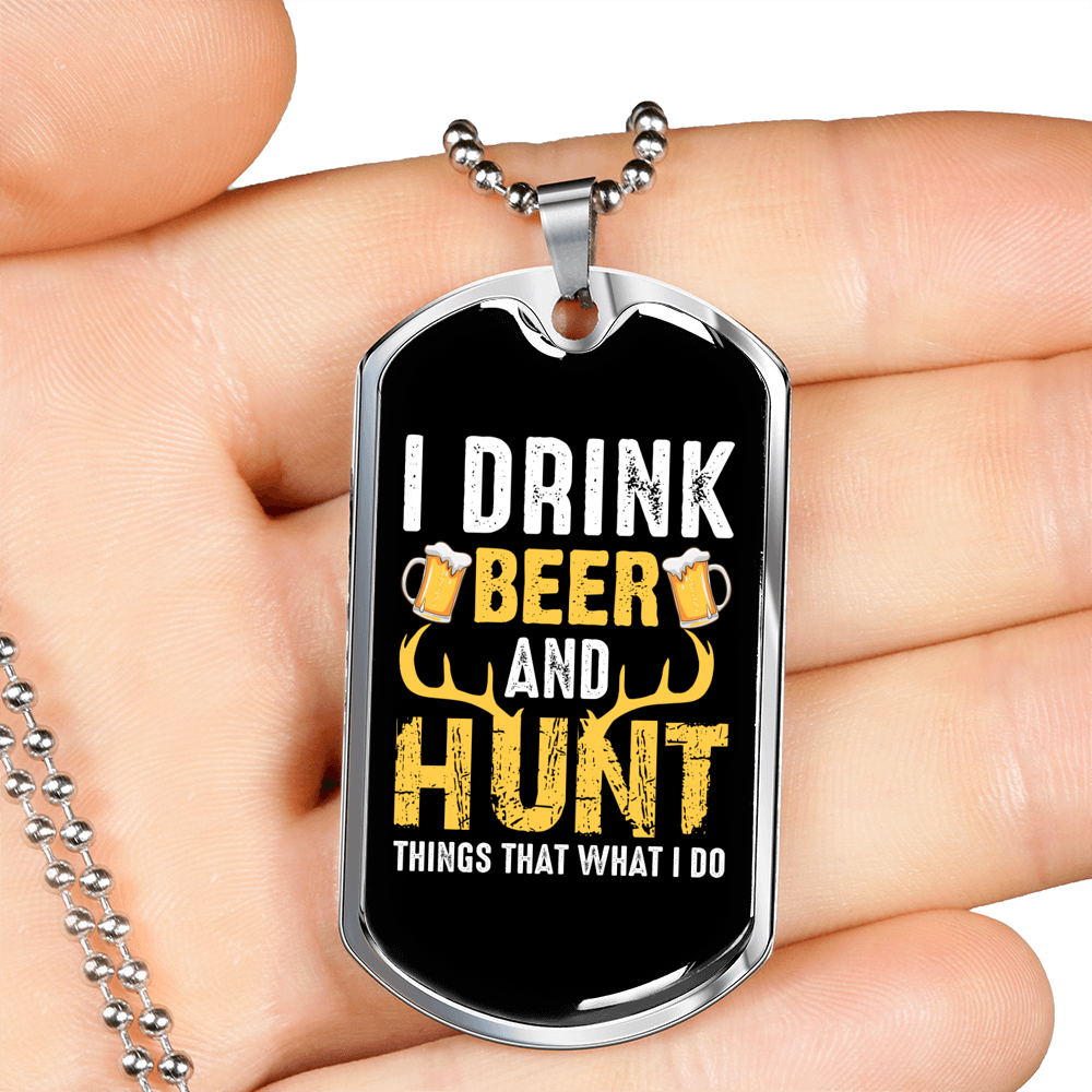 Beer And Hunt Necklace Stainless Steel or 18k Gold Dog Tag 24" Chain-Express Your Love Gifts