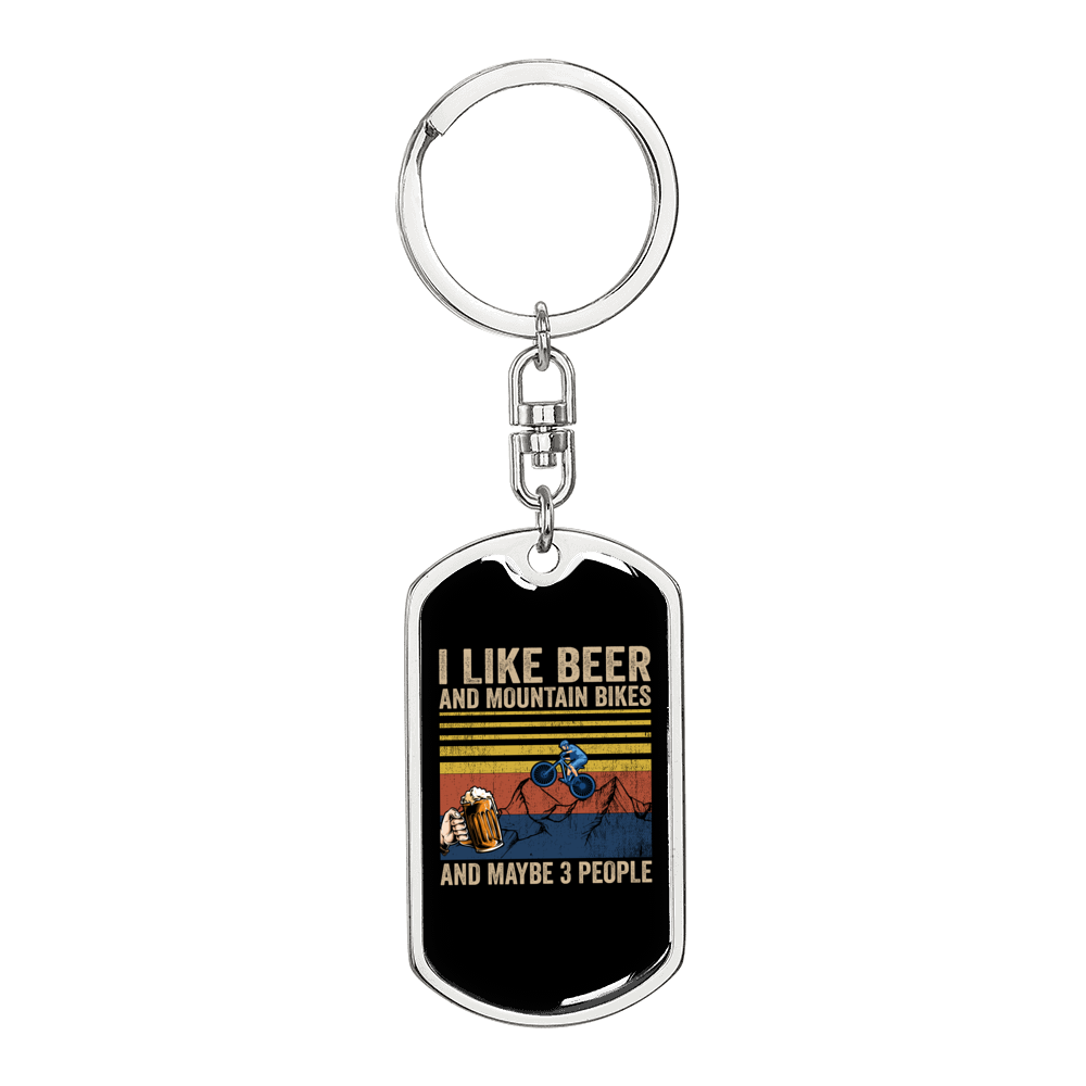 Beer And Mountain Bikes Cycling Keychain Stainless Steel or 18k Gold Dog Tag Keyring-Express Your Love Gifts