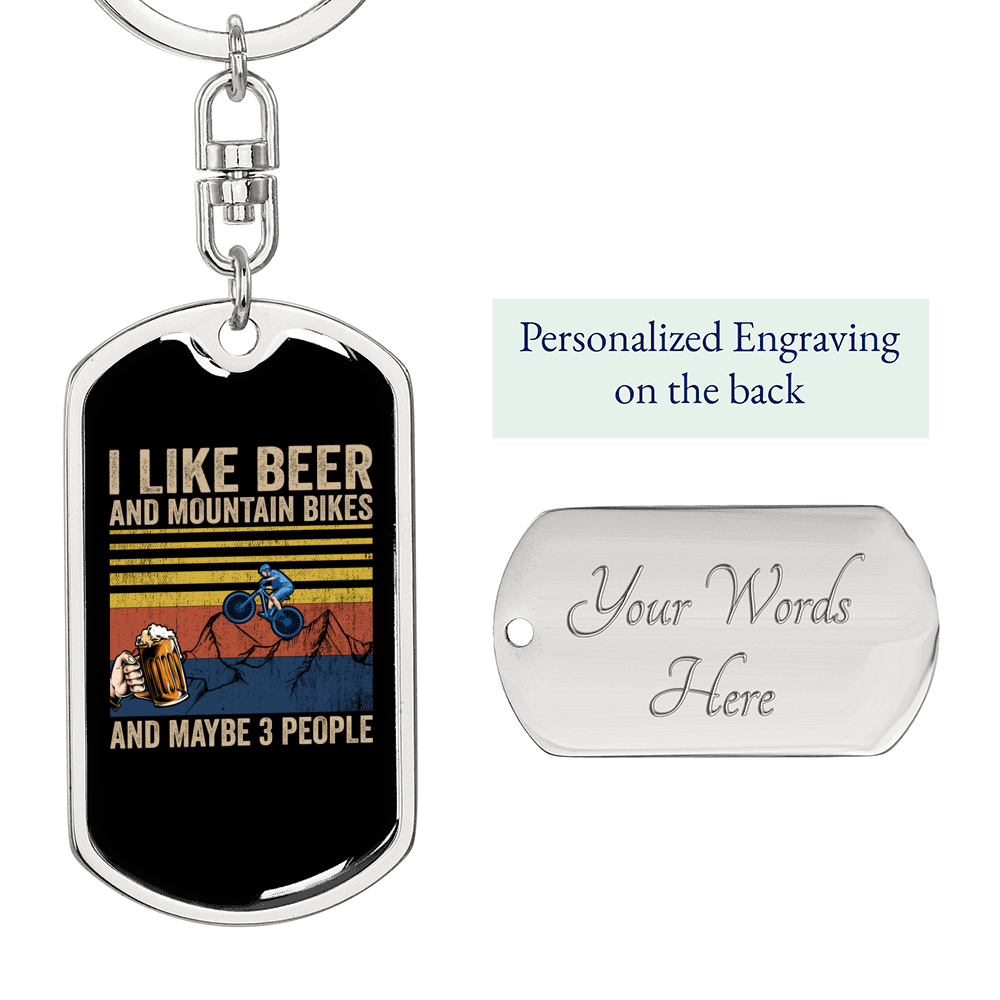 Beer And Mountain Bikes Cycling Keychain Stainless Steel or 18k Gold Dog Tag Keyring-Express Your Love Gifts