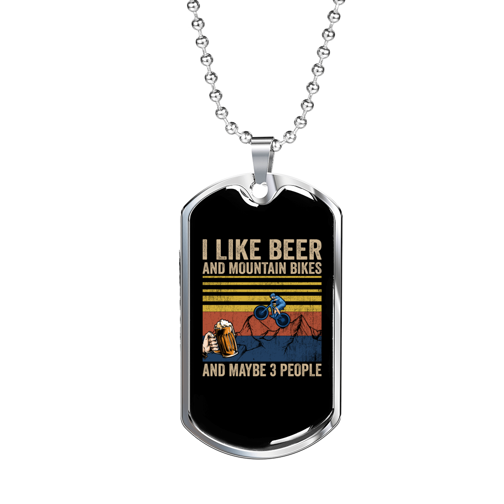 Beer And Mountain Bikes Necklace Stainless Steel or 18k Gold Dog Tag 24"-Express Your Love Gifts