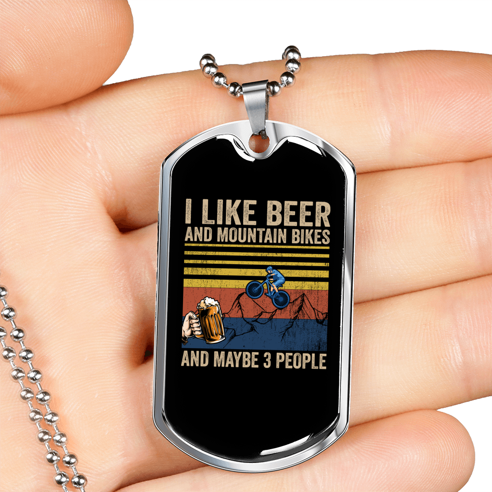 Beer And Mountain Bikes Necklace Stainless Steel or 18k Gold Dog Tag 24"-Express Your Love Gifts