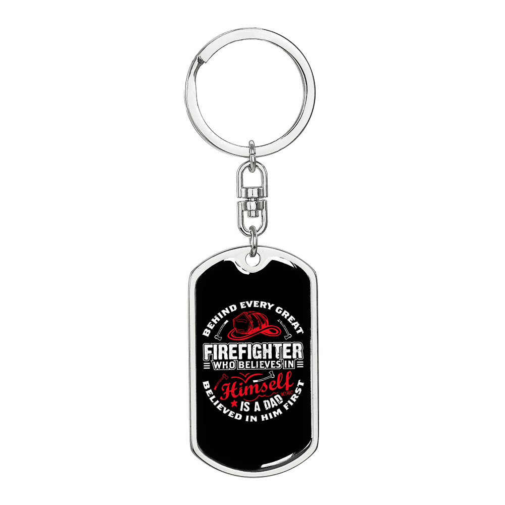 Behind Every Great Firefighter Keychain Stainless Steel or 18k Gold Dog Tag Keyring-Express Your Love Gifts