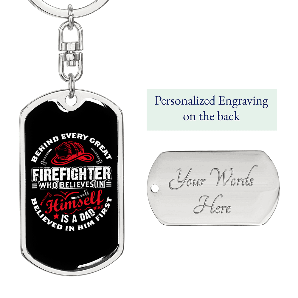 Behind Every Great Firefighter Keychain Stainless Steel or 18k Gold Dog Tag Keyring-Express Your Love Gifts