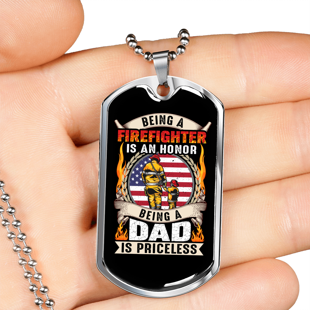 Being A Firefighter Dad Necklace Stainless Steel or 18k Gold Dog Tag 24" Chain-Express Your Love Gifts
