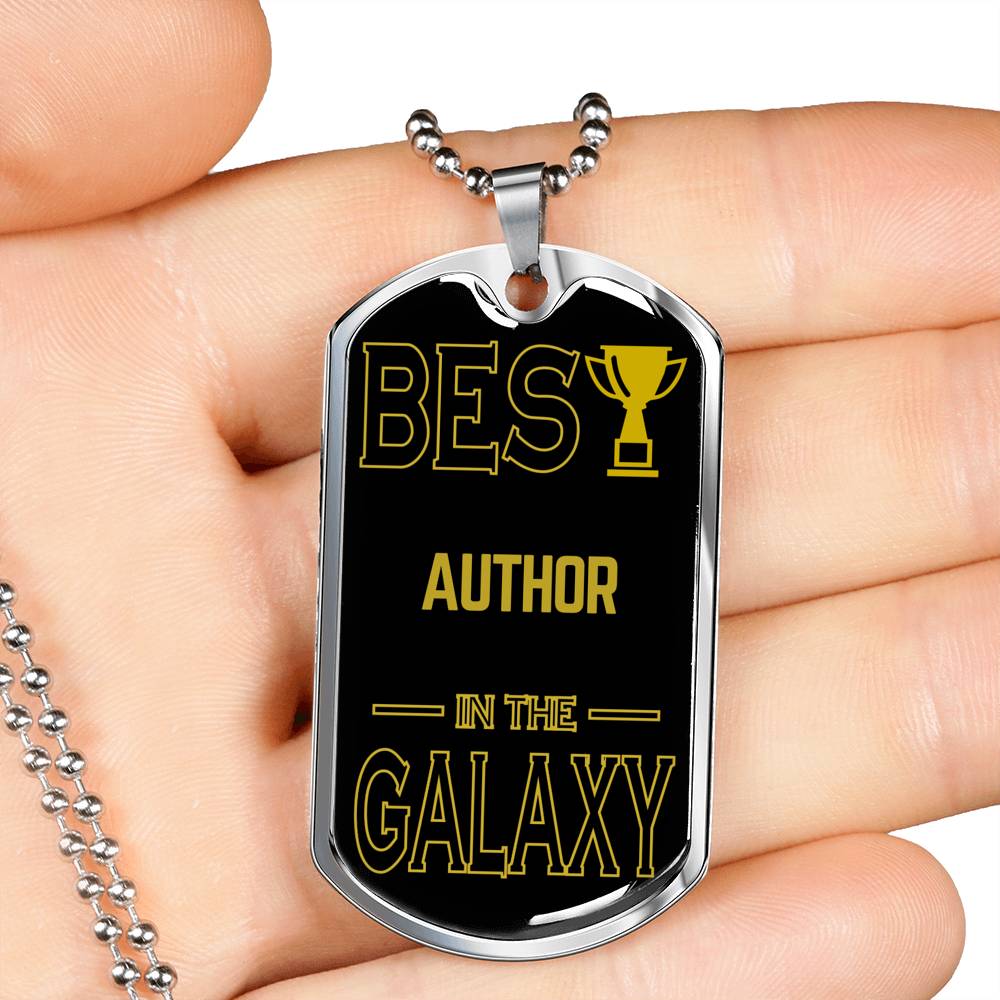Best Author In The Galaxy Necklace Stainless Steel or 18k Gold Dog Tag w 24"-Express Your Love Gifts