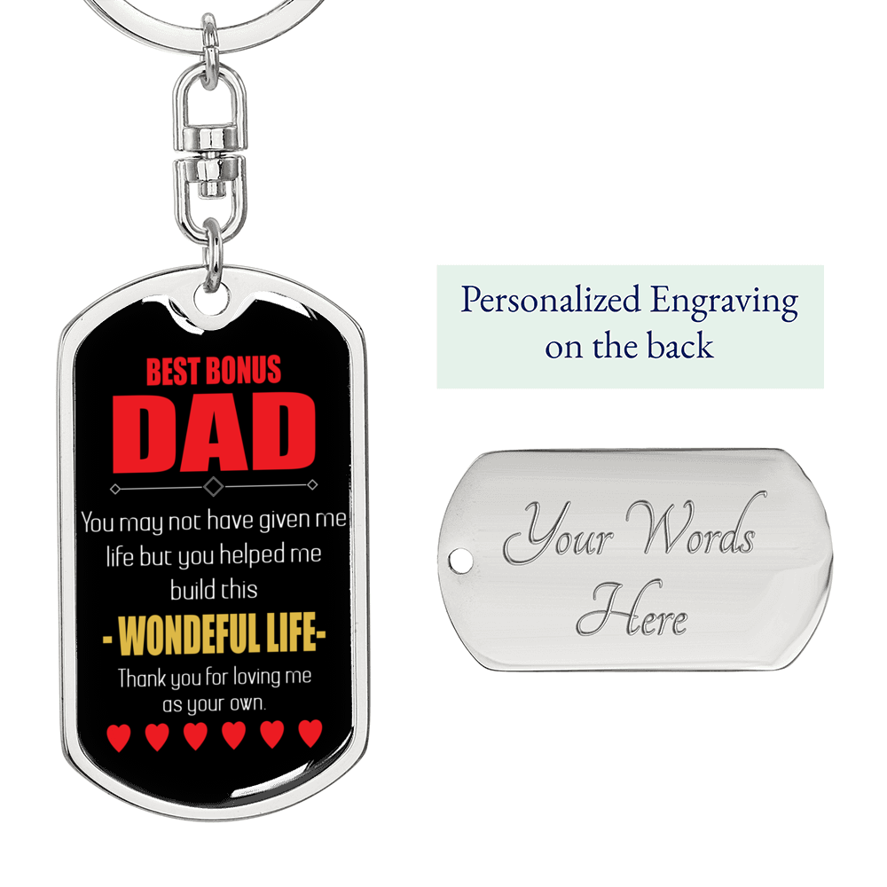 Best Bonus Dad Keychain Stainless Steel or 18k Gold Dog Tag Keyring-Express Your Love Gifts