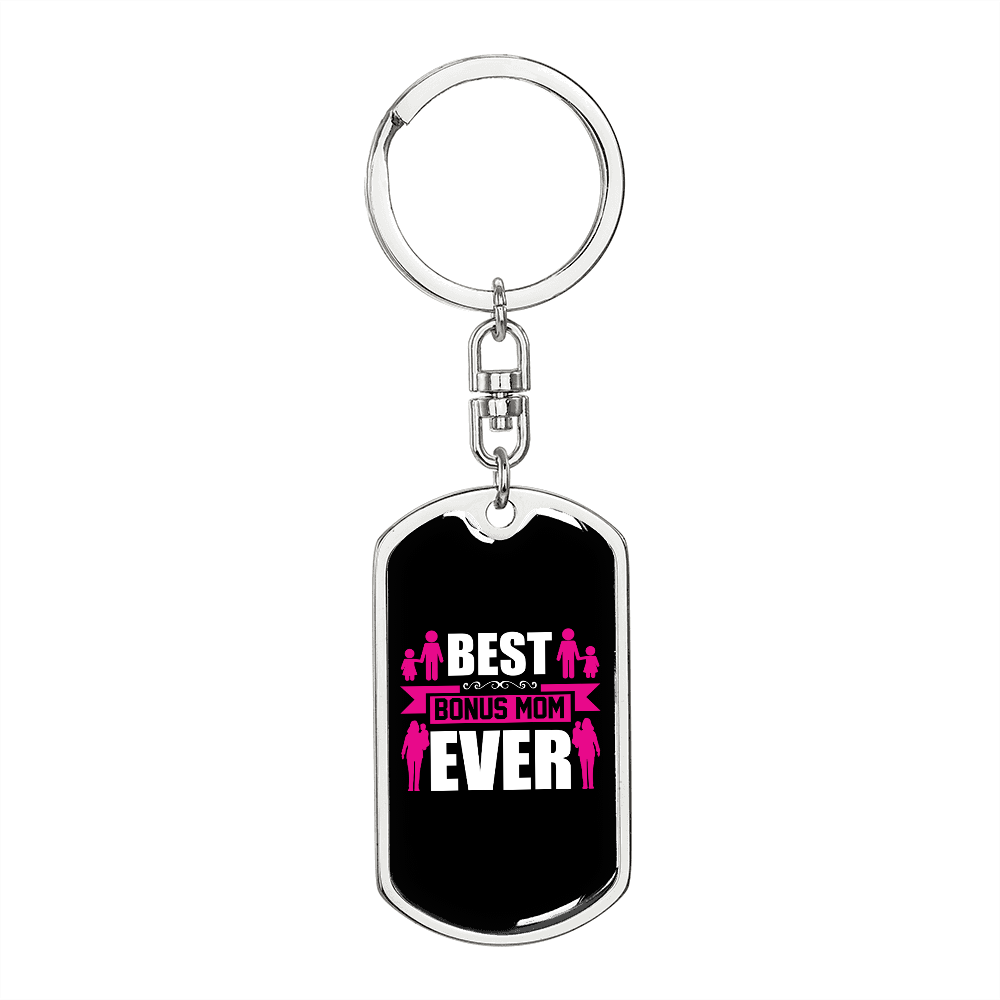 Best Bonus Mom Ever White Pink Keychain Stainless Steel or 18k Gold Dog Tag Keyring-Express Your Love Gifts