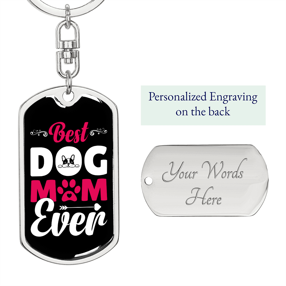 Best Dog Mom Ever Pink White Keychain Stainless Steel or 18k Gold Dog Tag Keyring-Express Your Love Gifts