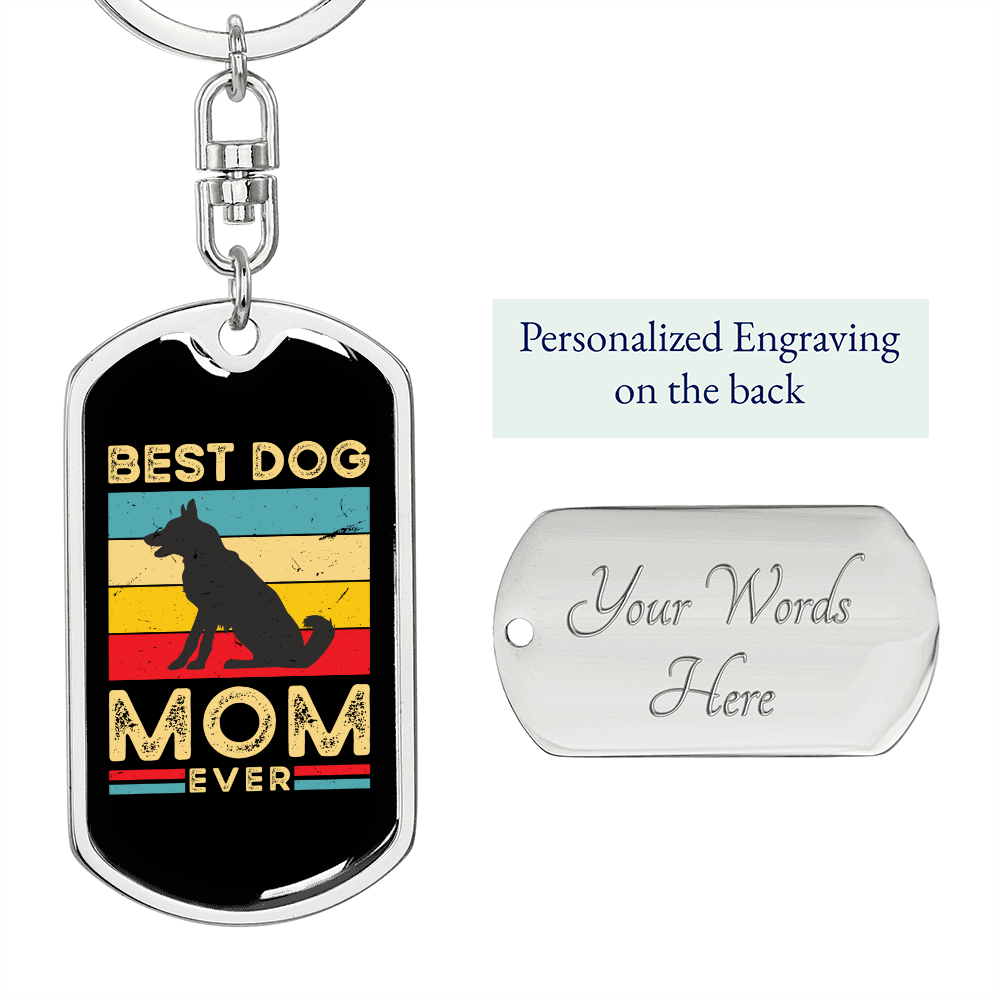 Best Dog Mom Ever Retro Dog Keychain Stainless Steel or 18k Gold Dog Tag Keyring-Express Your Love Gifts