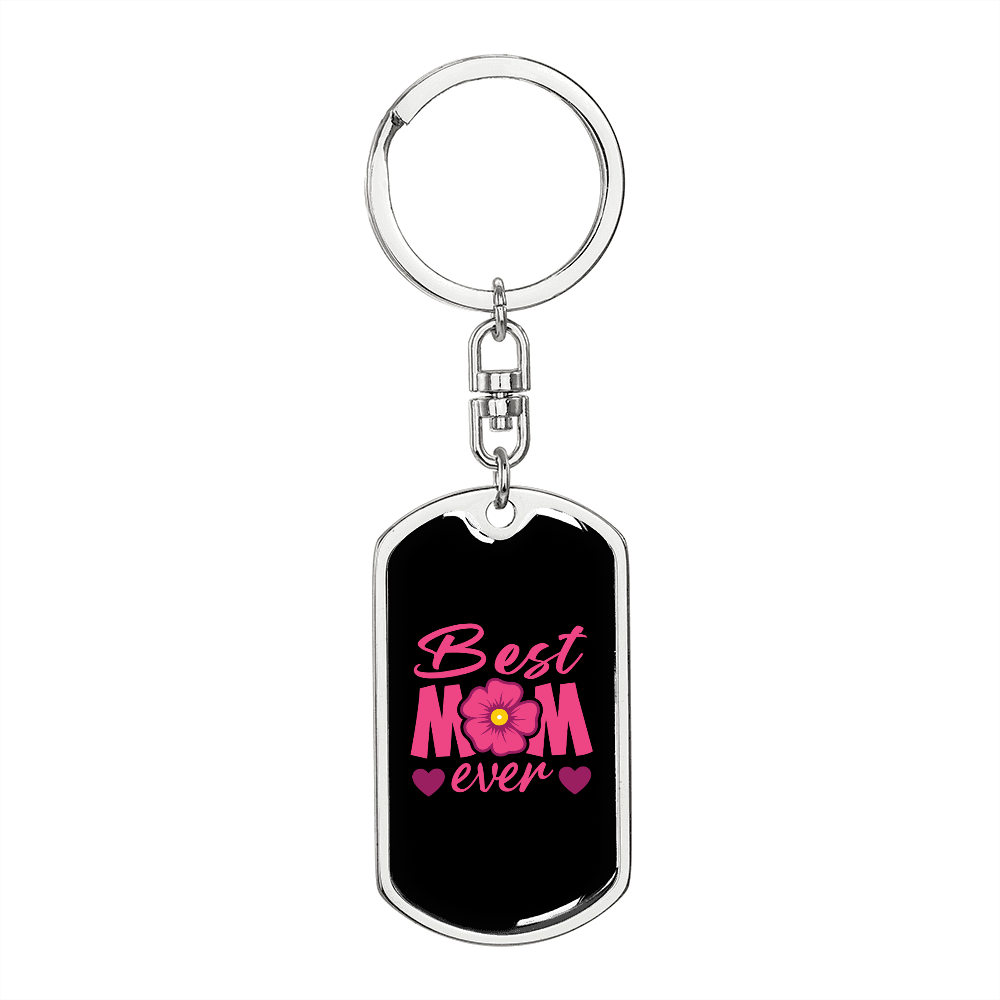 Best Mom Ever Pink Flower Keychain Stainless Steel or 18k Gold Dog Tag Keyring-Express Your Love Gifts