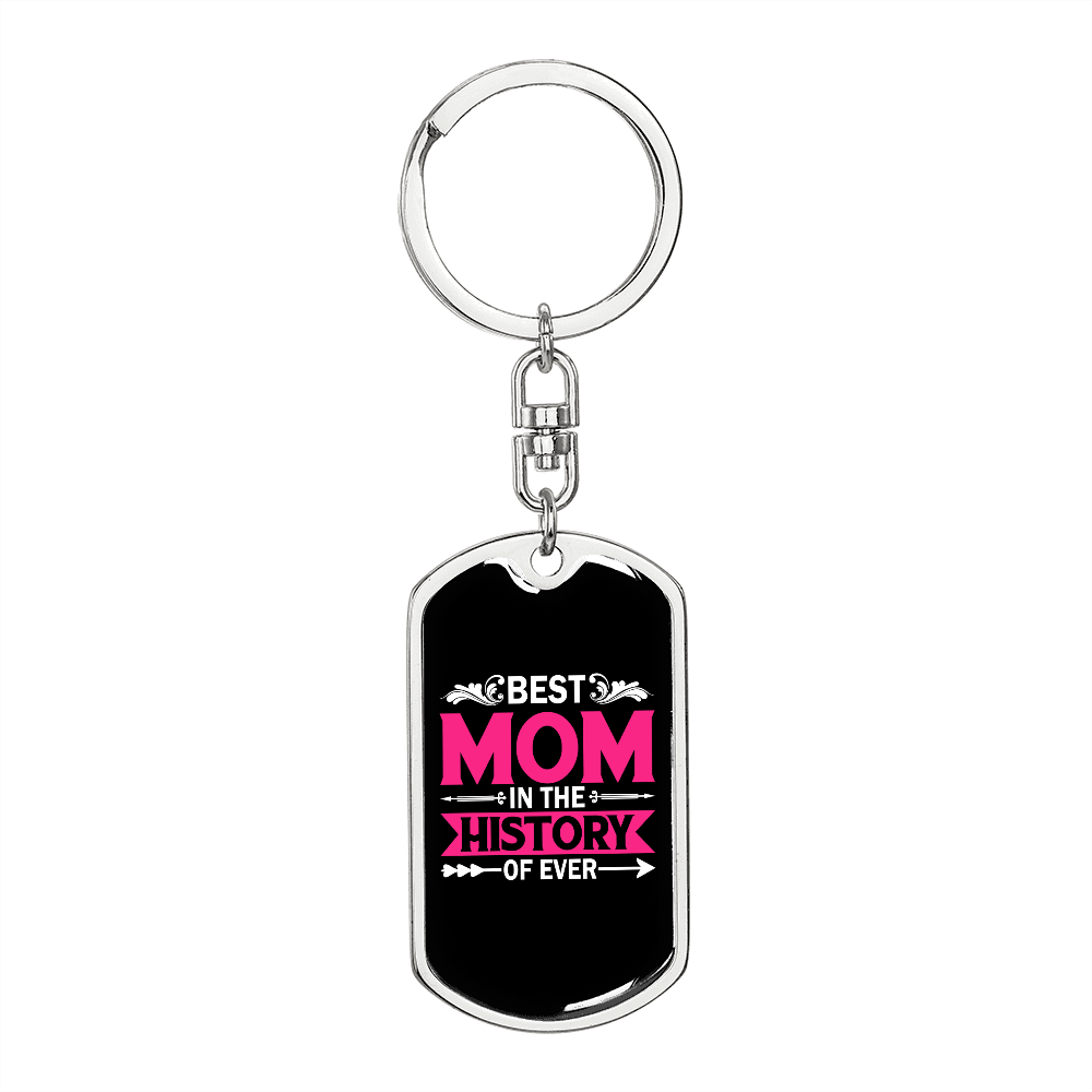 Best Mom in History Pink Keychain Stainless Steel or 18k Gold Dog Tag Keyring-Express Your Love Gifts