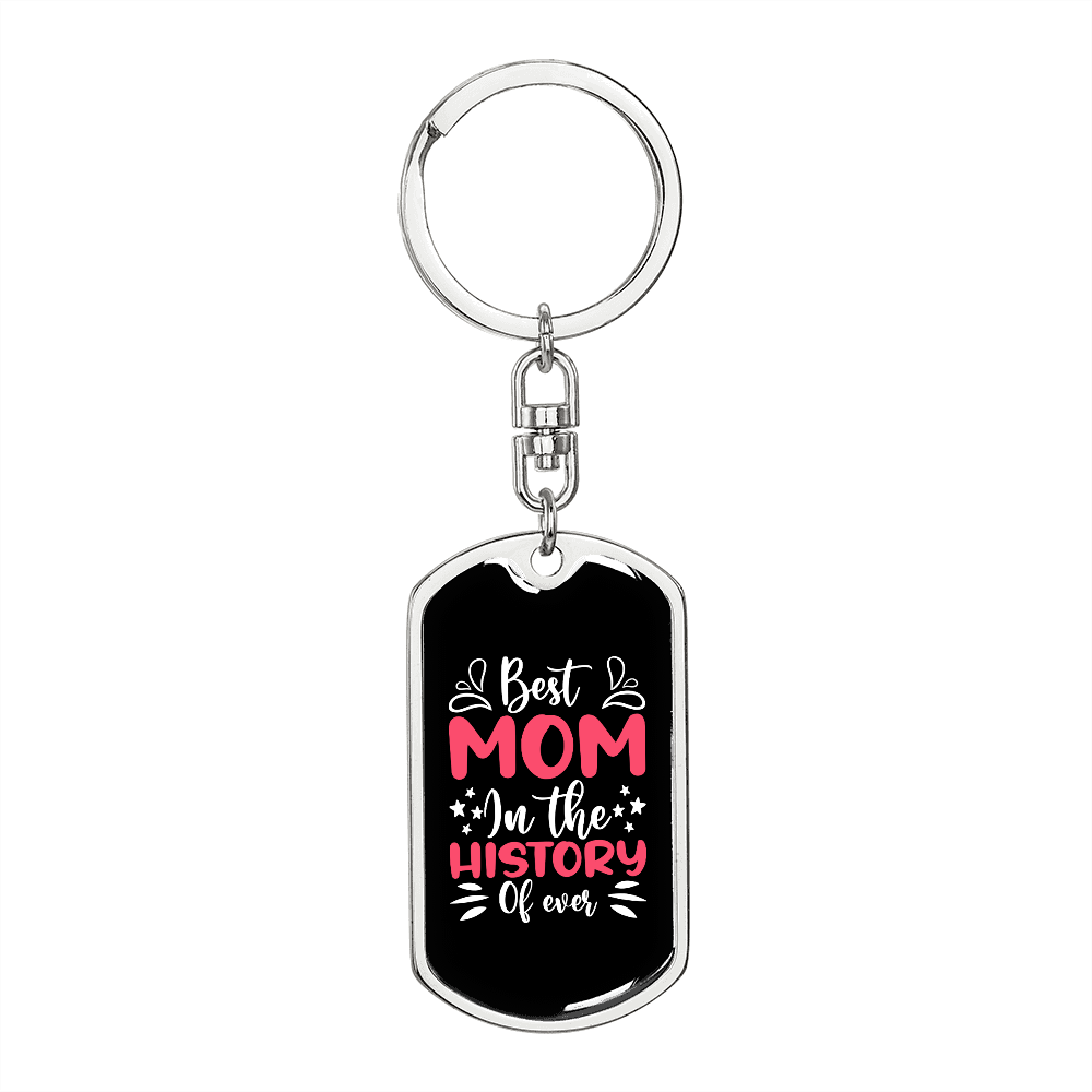 Best Mom in History Red Keychain Stainless Steel or 18k Gold Dog Tag Keyring-Express Your Love Gifts