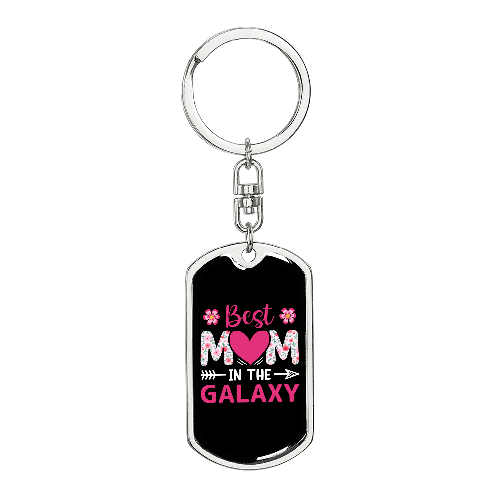 Best Mom in the Galaxy Heart Pink Keychain Stainless Steel or 18k Gold Dog Tag Keyring-Express Your Love Gifts
