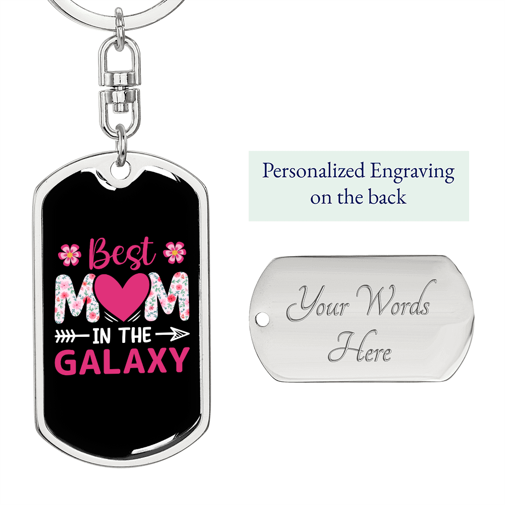 Best Mom in the Galaxy Heart Pink Keychain Stainless Steel or 18k Gold Dog Tag Keyring-Express Your Love Gifts