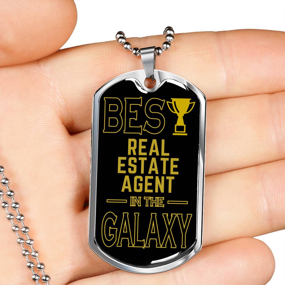 Best Real Estate Agent In The Galaxy Necklace Stainless Steel or 18k Gold Dog Tag w 24"-Express Your Love Gifts