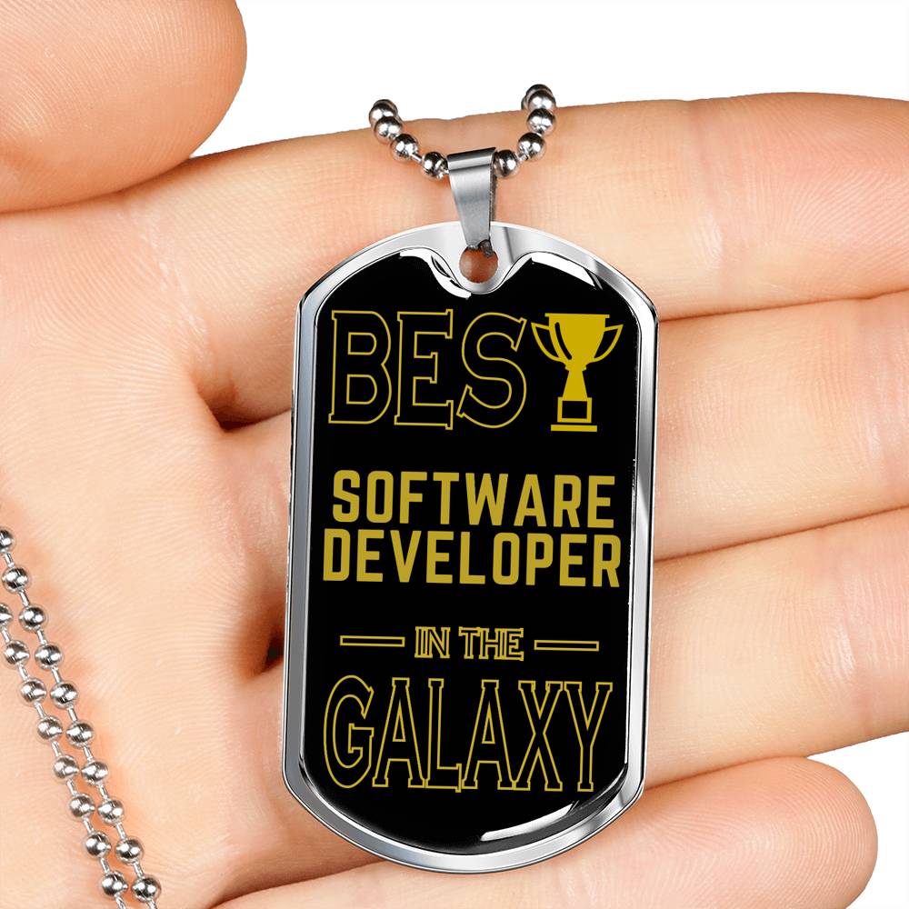 Best Software Developer In The Galaxy Necklace Stainless Steel or 18k Gold Dog Tag w 24"-Express Your Love Gifts