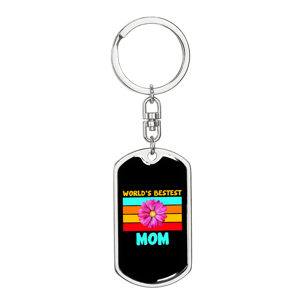 Bestest Mom Flower Keychain Stainless Steel or 18k Gold Dog Tag Keyring-Express Your Love Gifts