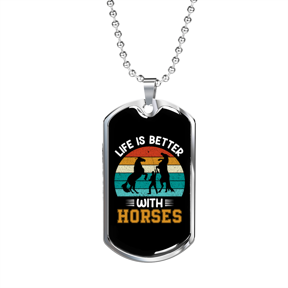 Better With Horses Horse Necklace Stainless Steel or 18k Gold Dog Tag 24" Chain-Express Your Love Gifts