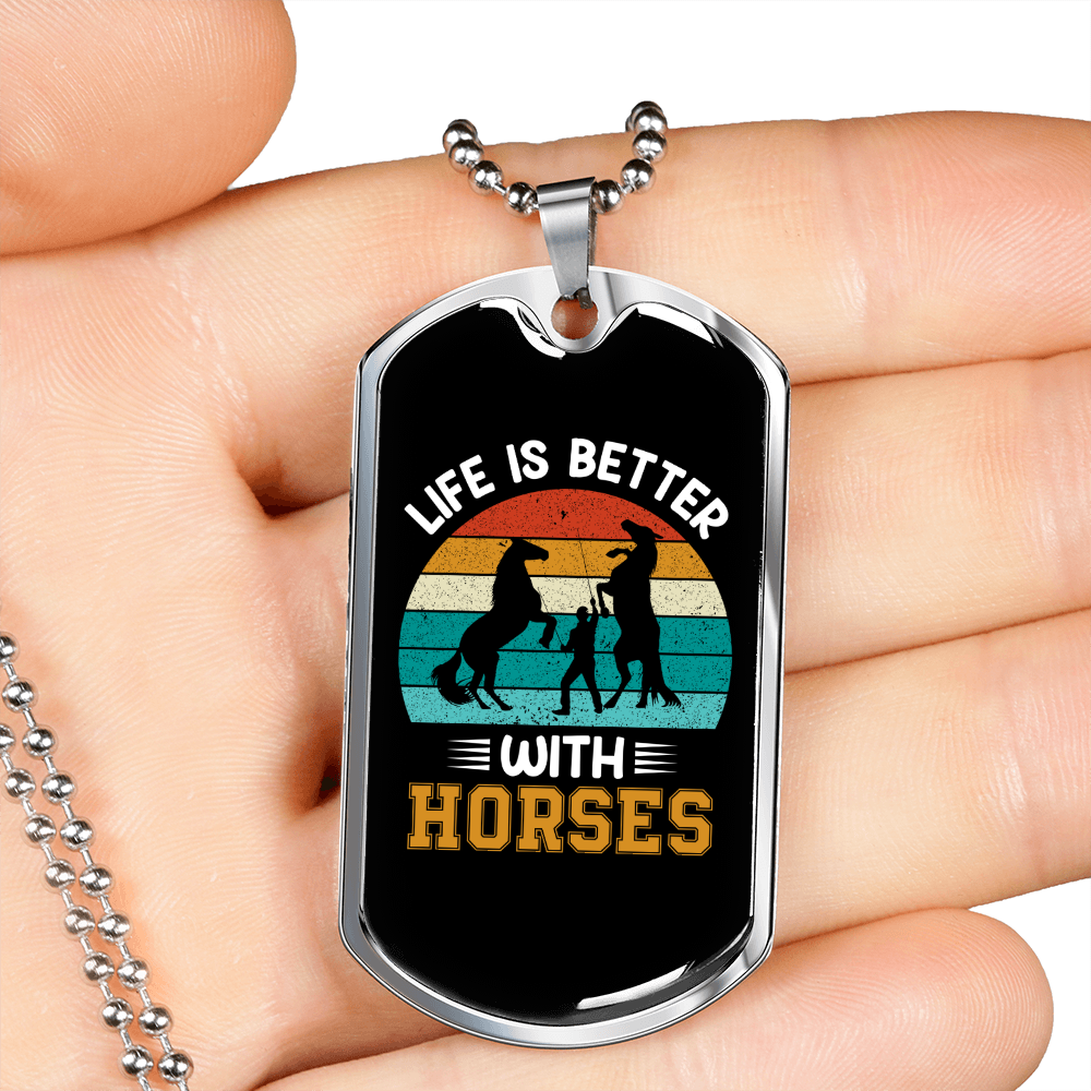 Better With Horses Horse Necklace Stainless Steel or 18k Gold Dog Tag 24" Chain-Express Your Love Gifts