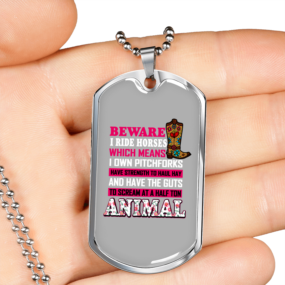 BewAre I Ride Horses Horse Necklace Stainless Steel or 18k Gold Dog Tag 24" Chain-Express Your Love Gifts