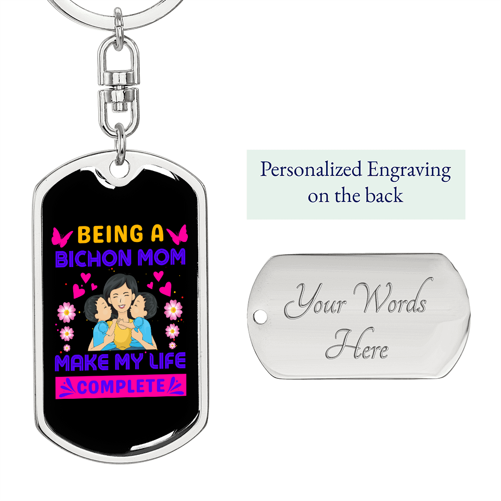 Bichon Mom Keychain Stainless Steel or 18k Gold Dog Tag Keyring-Express Your Love Gifts