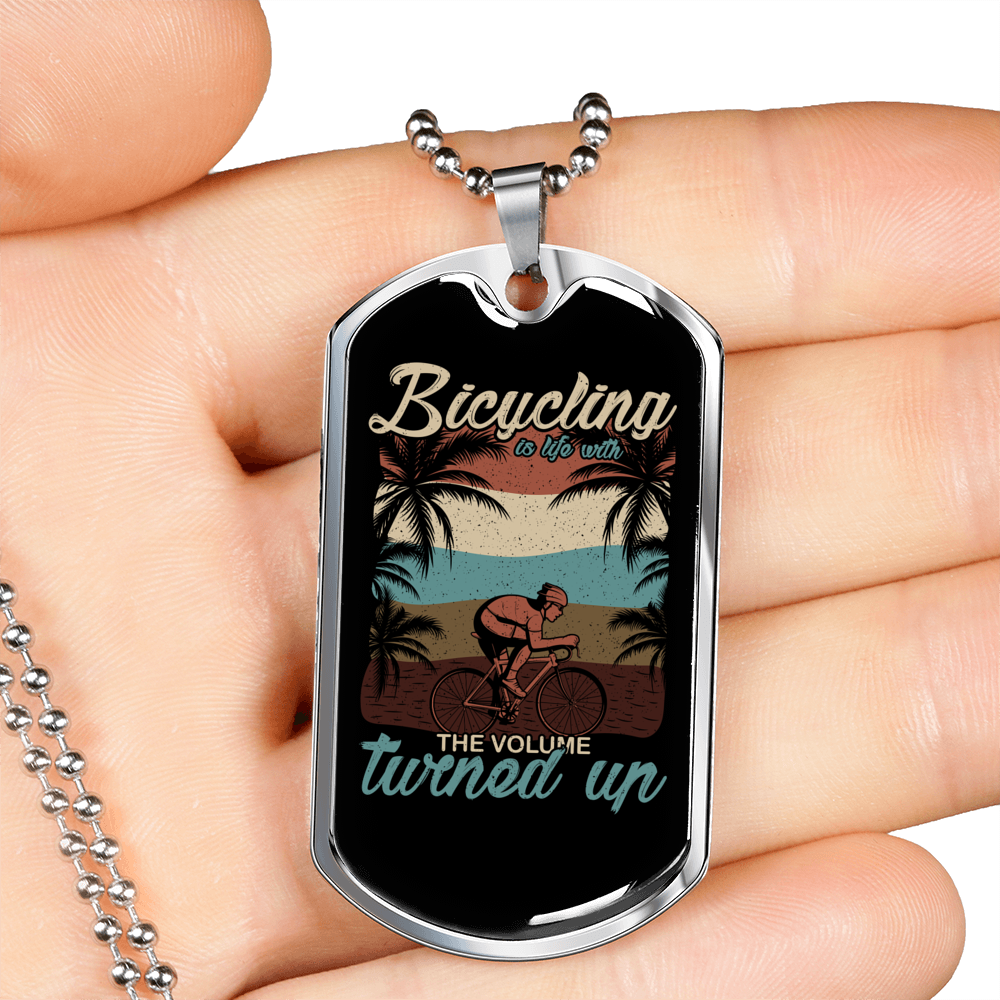 Bicycling Is Life Cycling Necklace Stainless Steel or 18k Gold Dog Tag 24"-Express Your Love Gifts