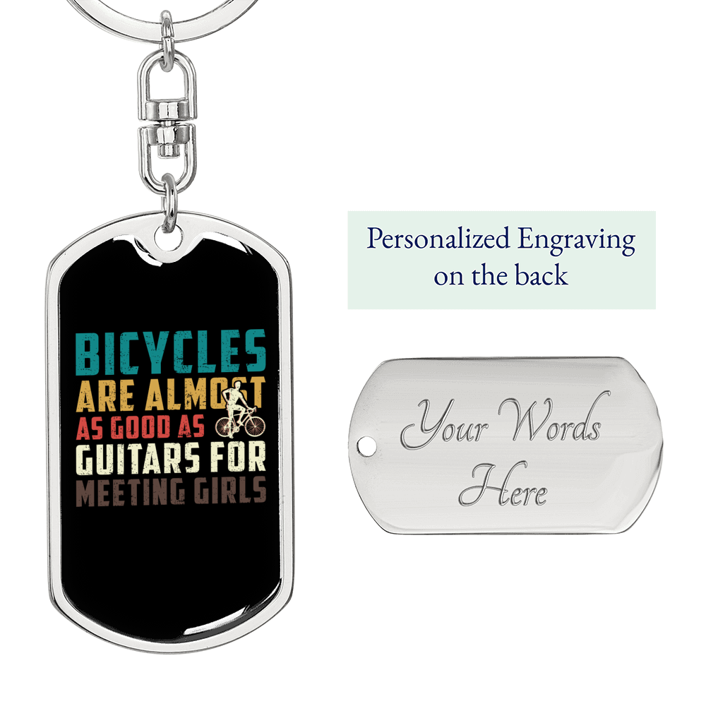Bicyles And Guitars Cycling Keychain Stainless Steel or 18k Gold Dog Tag Keyring-Express Your Love Gifts