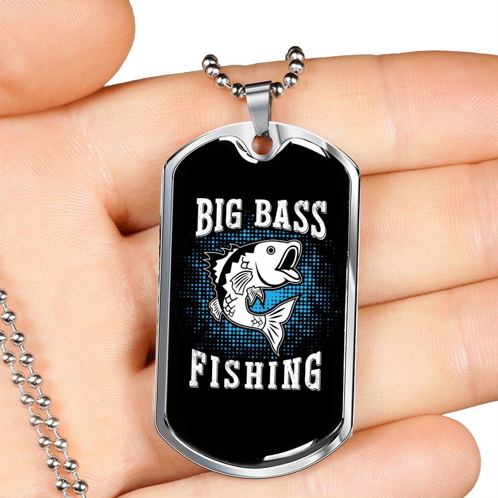 Big Bass Fishing Necklace Stainless Steel or 18k Gold Dog Tag 24" Chain-Express Your Love Gifts