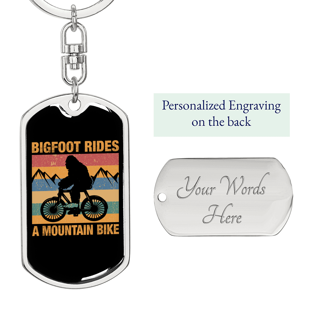 Big Foot Rides A Mountain Bike Cycling Keychain Stainless Steel or 18k Gold Dog Tag Keyring-Express Your Love Gifts
