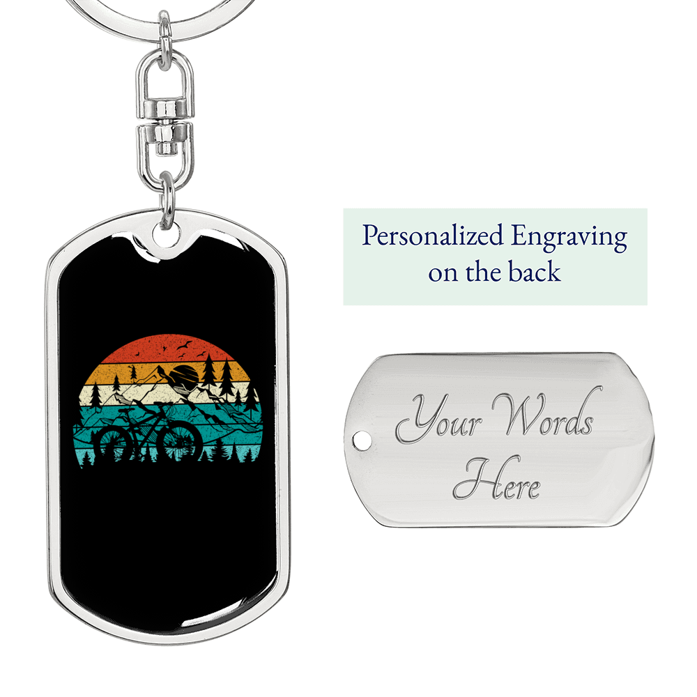Bike On The Mountain Cycling Keychain Stainless Steel or 18k Gold Dog Tag Keyring-Express Your Love Gifts
