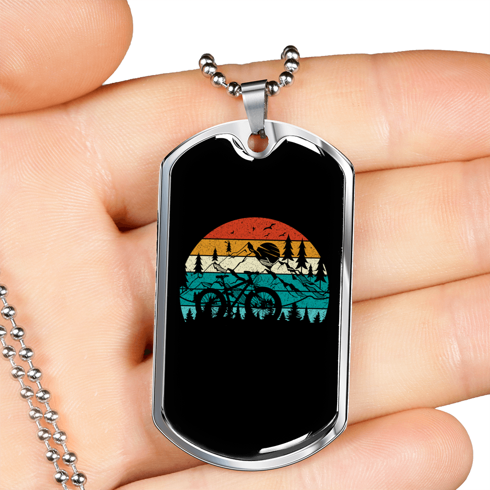 Bike On The Mountain Cycling Necklace Stainless Steel or 18k Gold Dog Tag 24"-Express Your Love Gifts
