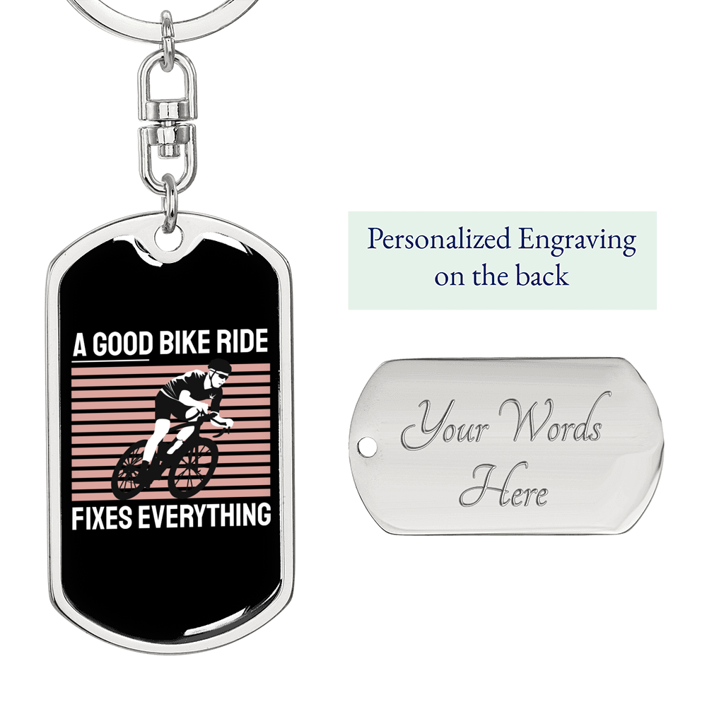 Bike Ride Fixes Everything Cycling Keychain Stainless Steel or 18k Gold Dog Tag Keyring-Express Your Love Gifts