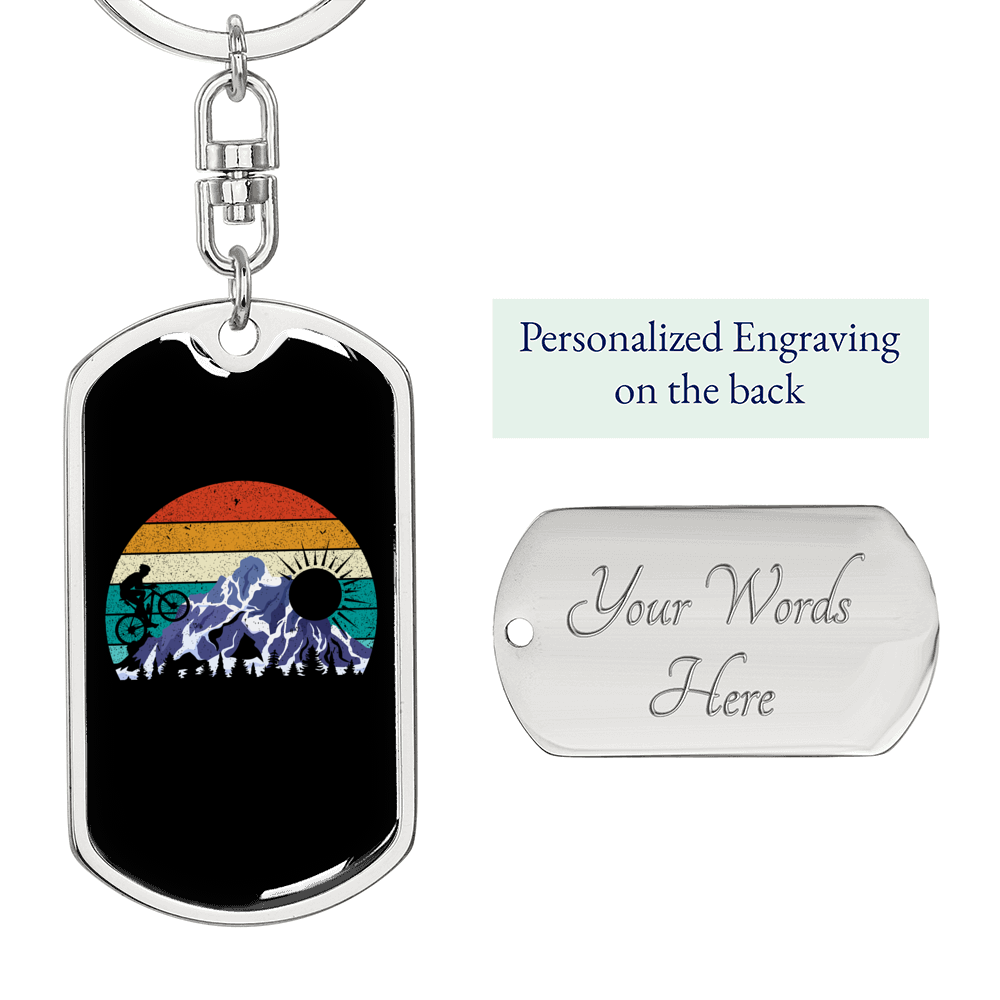 Bike Riding In The Mountain Cycling Keychain Stainless Steel or 18k Gold Dog Tag Keyring-Express Your Love Gifts