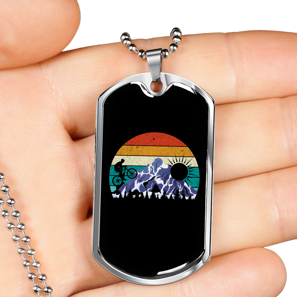 Bike Riding In The Mountain Cycling Necklace Stainless Steel or 18k Gold Dog Tag 24"-Express Your Love Gifts