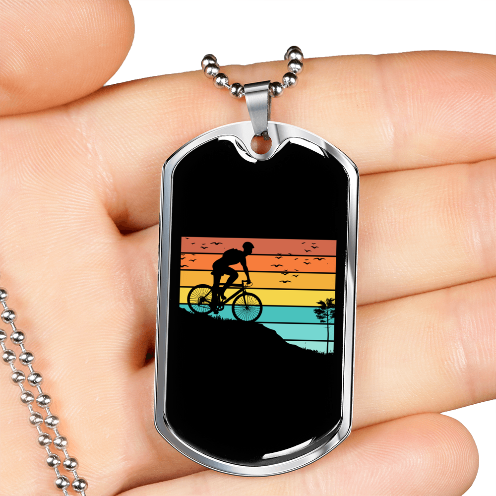 Biker Adventure Cycling Necklace Stainless Steel or 18k Gold Dog Tag 24"-Express Your Love Gifts