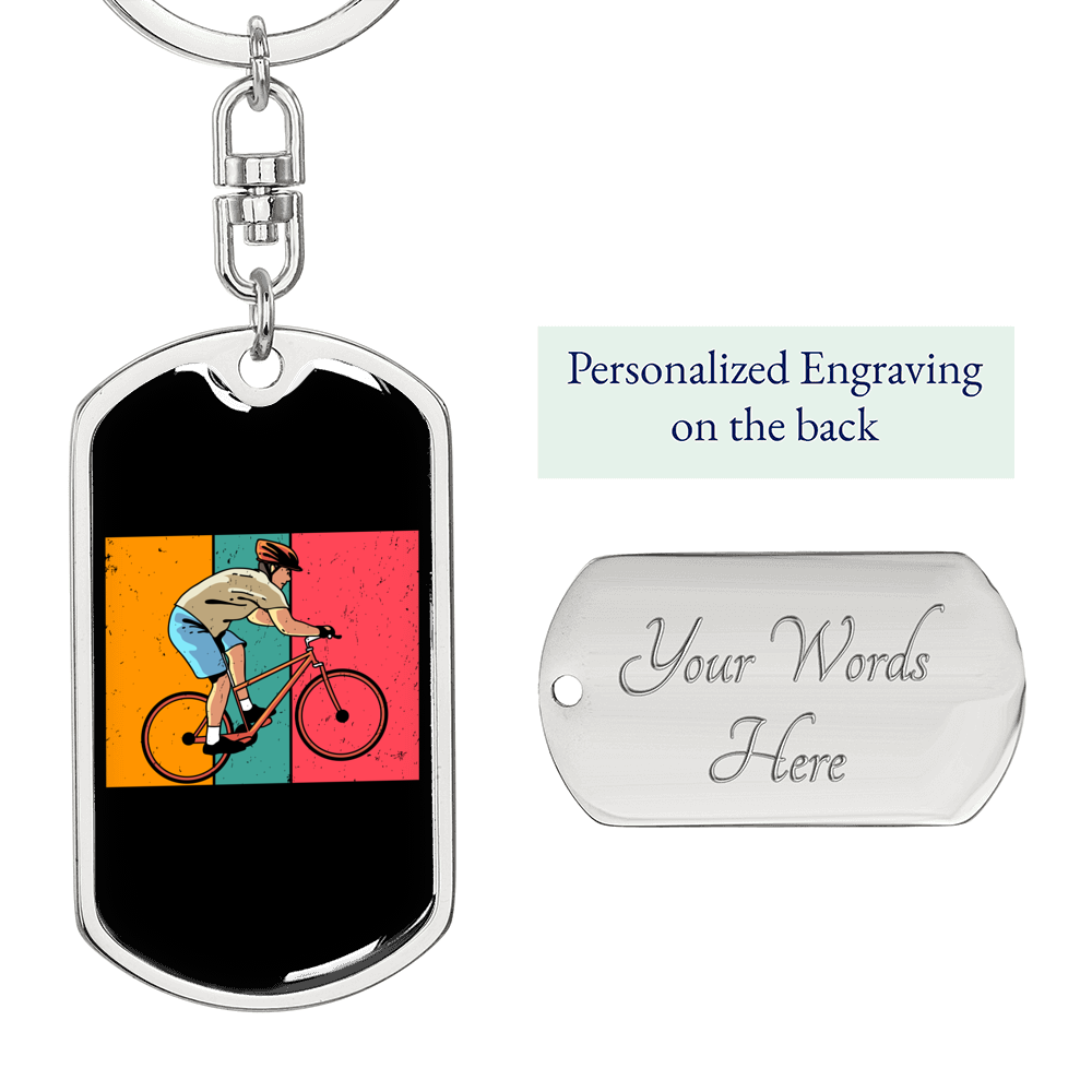 Biker Boy Cycling Keychain Stainless Steel or 18k Gold Dog Tag Keyring-Express Your Love Gifts