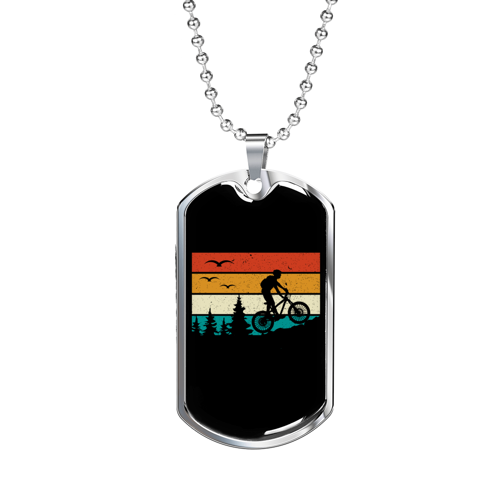 Biking In The Mountain Cycling Necklace Stainless Steel or 18k Gold Dog Tag 24"-Express Your Love Gifts