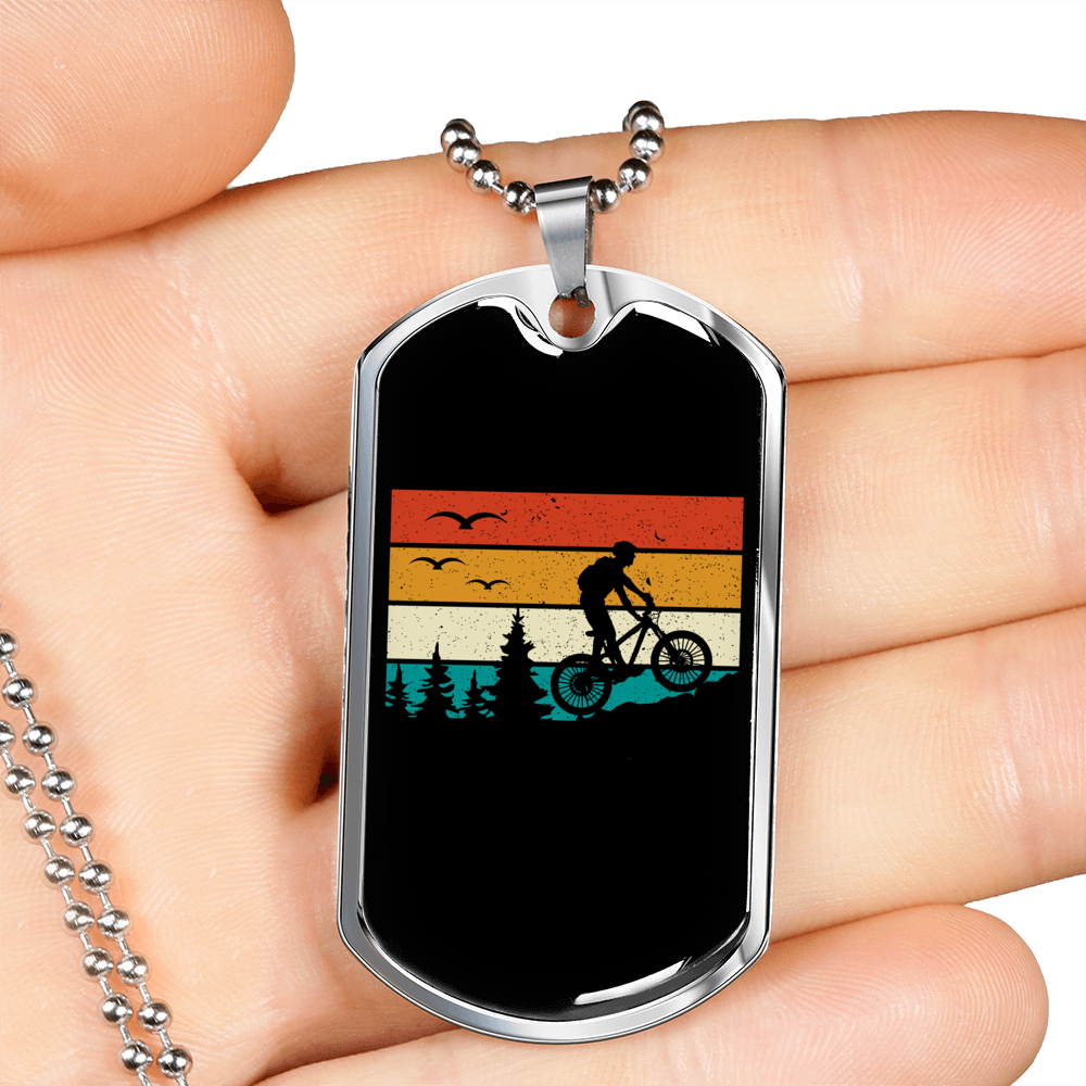 Biking In The Mountain Cycling Necklace Stainless Steel or 18k Gold Dog Tag 24"-Express Your Love Gifts
