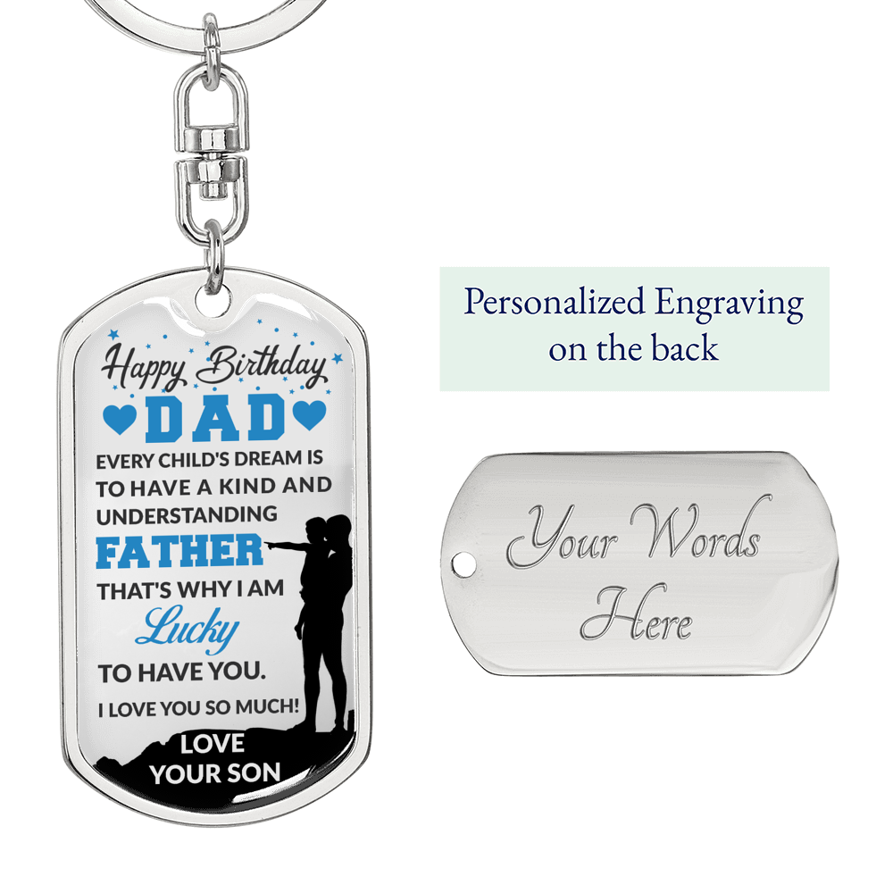 Birthday Son To Dad Keychain Stainless Steel or 18k Gold Dog Tag Keyring-Express Your Love Gifts