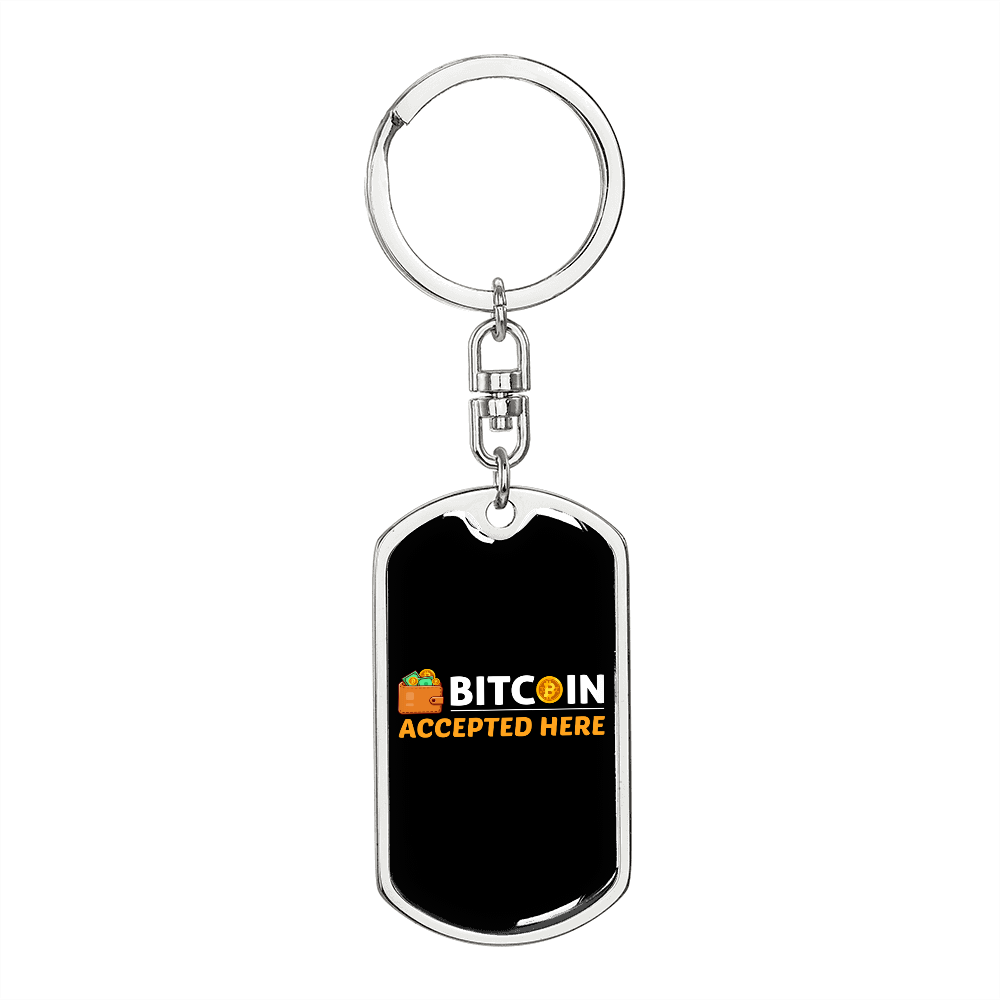 Bitcoin Accepted Here Crypto Keychain Stainless Steel or 18k Gold Dog Tag Keyring-Express Your Love Gifts