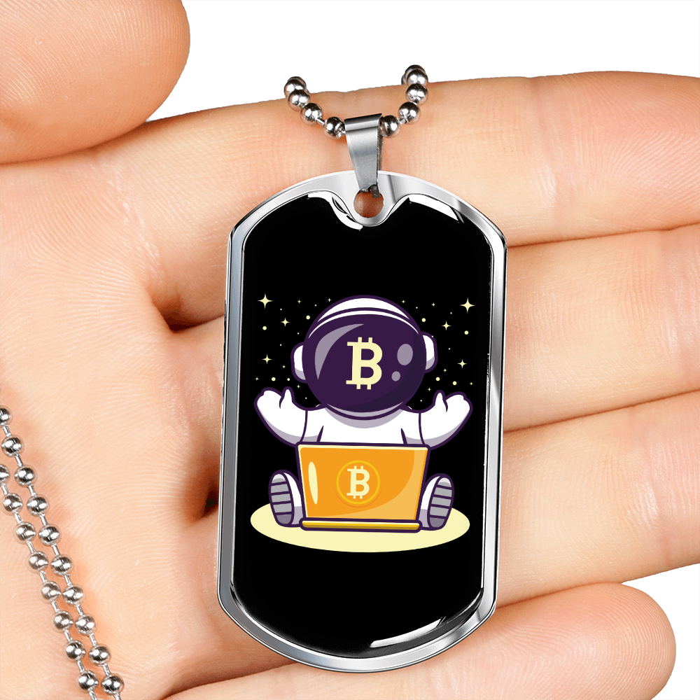 Bitcoin Baby Astronaut Crypto Necklace Stainless Steel or 18k Gold Dog Tag 24" Chain-Express Your Love Gifts