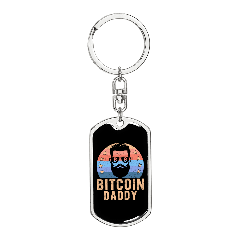 Bitcoin Bearded Daddy Crypto Keychain Stainless Steel or 18k Gold Dog Tag Keyring-Express Your Love Gifts