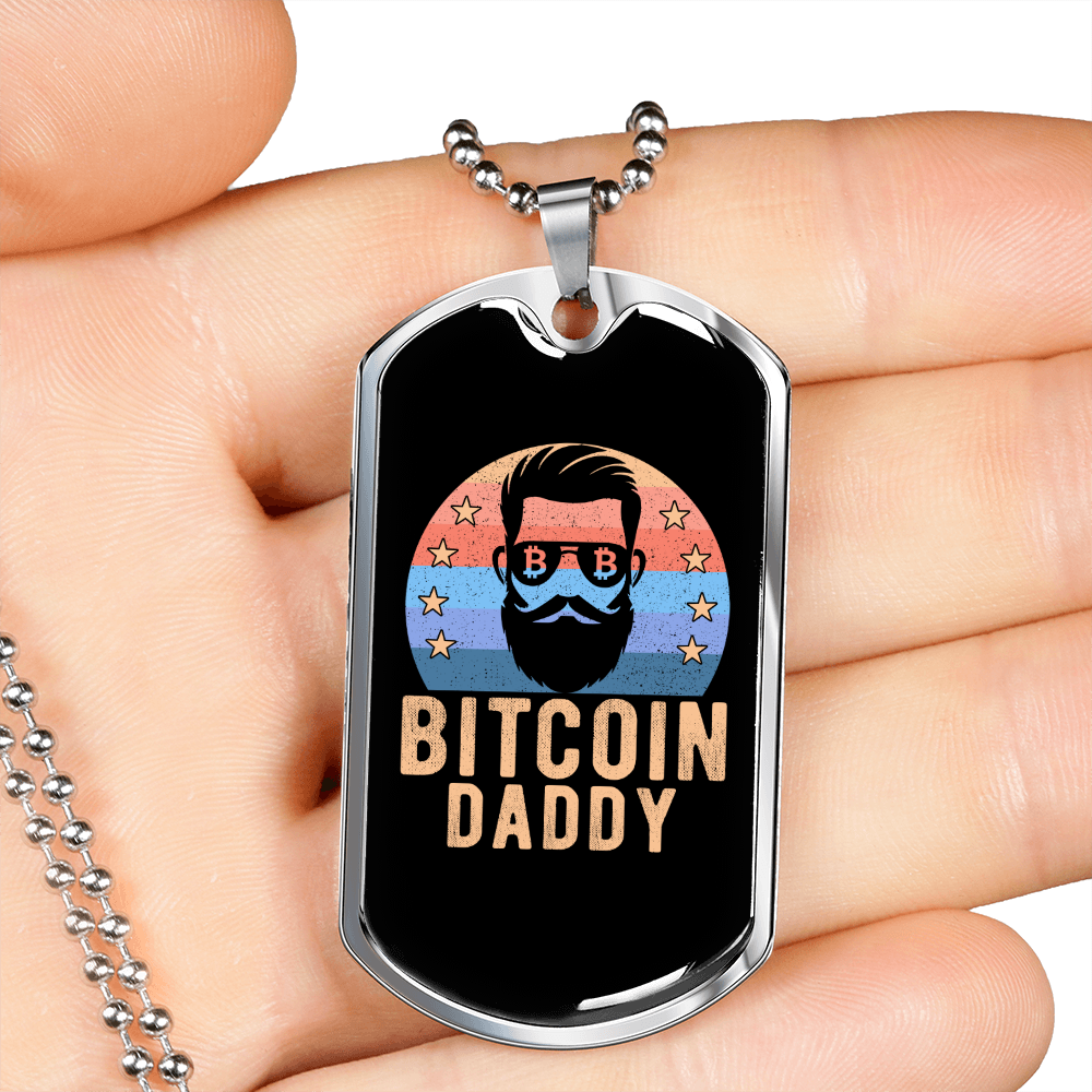 Bitcoin Bearded Daddy Cyrpto Crypto Necklace Stainless Steel or 18k Gold Dog Tag 24" Chain-Express Your Love Gifts