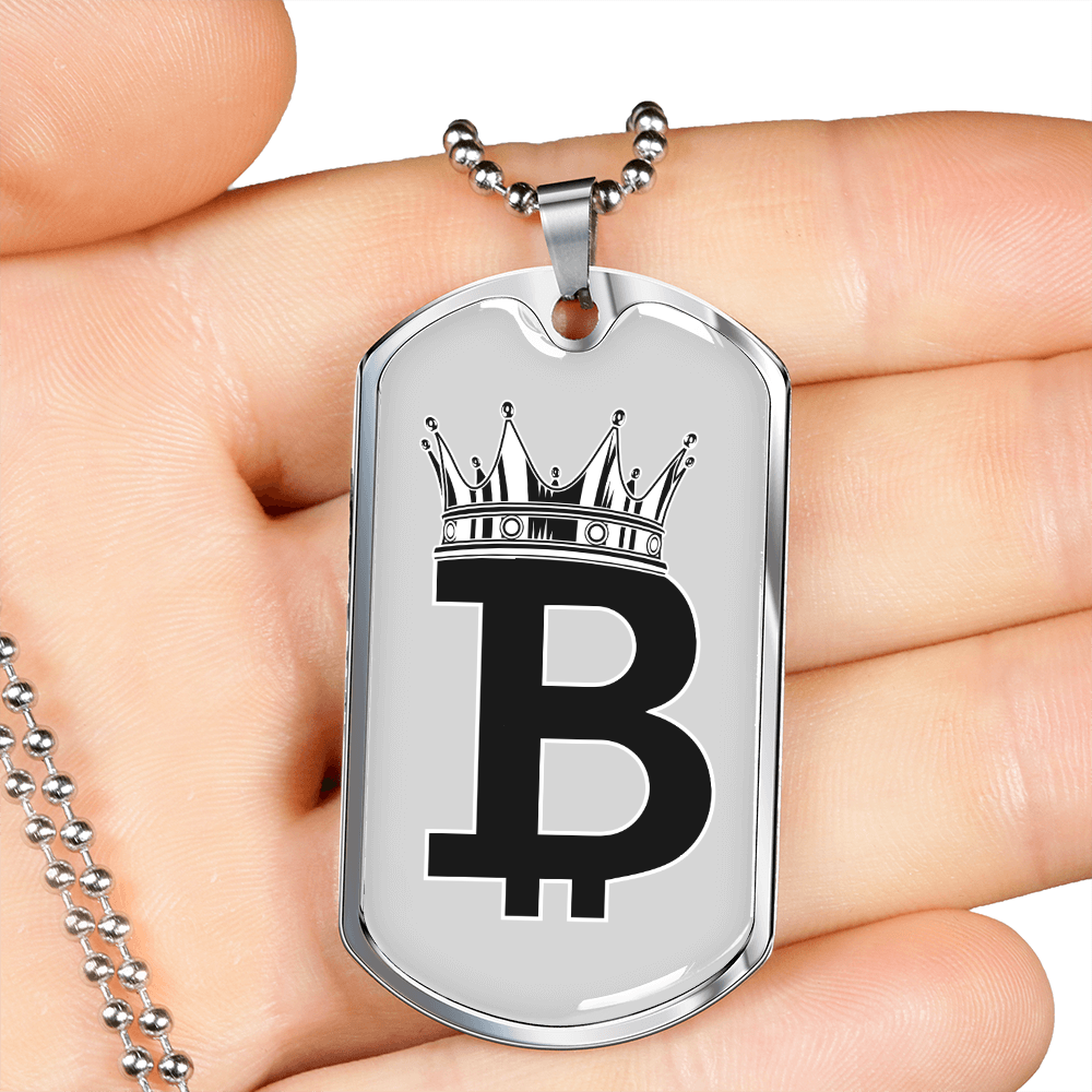 Bitcoin Crown Crypto Necklace Stainless Steel or 18k Gold Dog Tag 24" Chain-Express Your Love Gifts