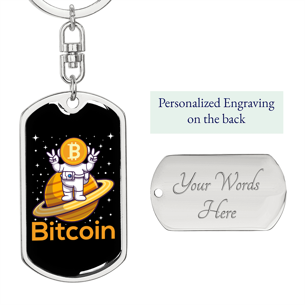 Bitcoin Peace Astronaut Crypto Keychain Stainless Steel or 18k Gold Dog Tag Keyring-Express Your Love Gifts