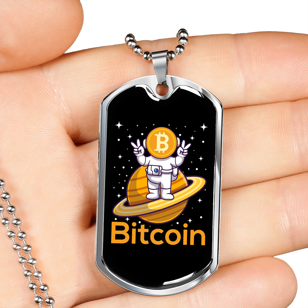 Bitcoin Peace Astronaut Crypto Necklace Stainless Steel or 18k Gold Dog Tag 24" Chain-Express Your Love Gifts