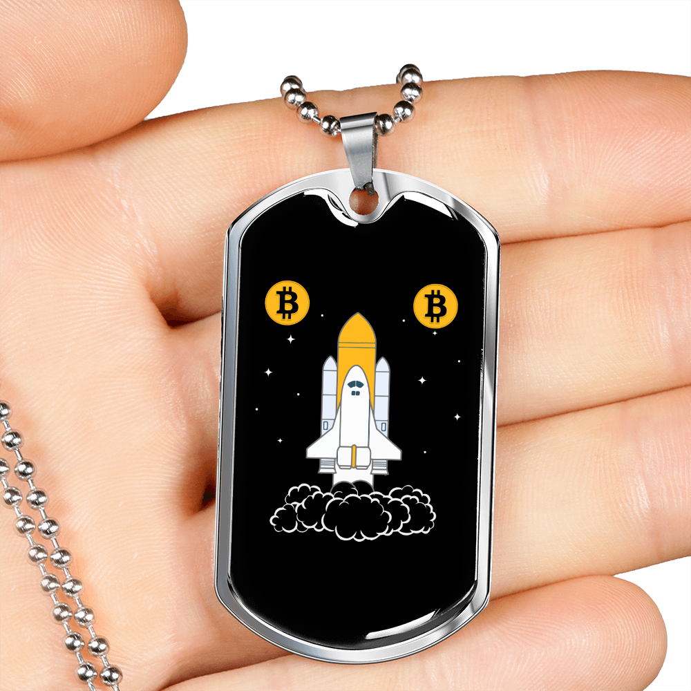 Bitcoin Rocket Crypto Necklace Stainless Steel or 18k Gold Dog Tag 24" Chain-Express Your Love Gifts