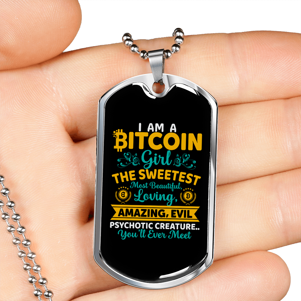Bitcoin Sweetest Girl Crypto Necklace Stainless Steel or 18k Gold Dog Tag 24" Chain-Express Your Love Gifts