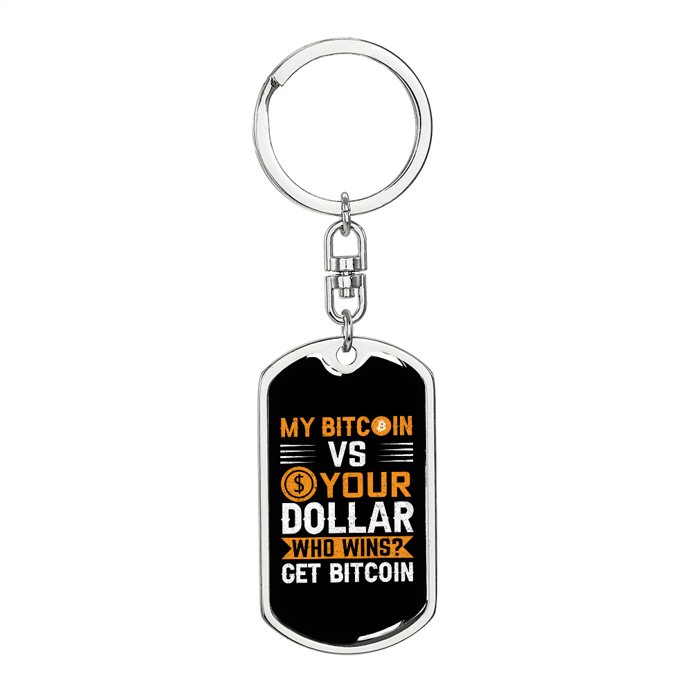 Bitcoin VS Dollar Crypto Keychain Stainless Steel or 18k Gold Dog Tag Keyring-Express Your Love Gifts